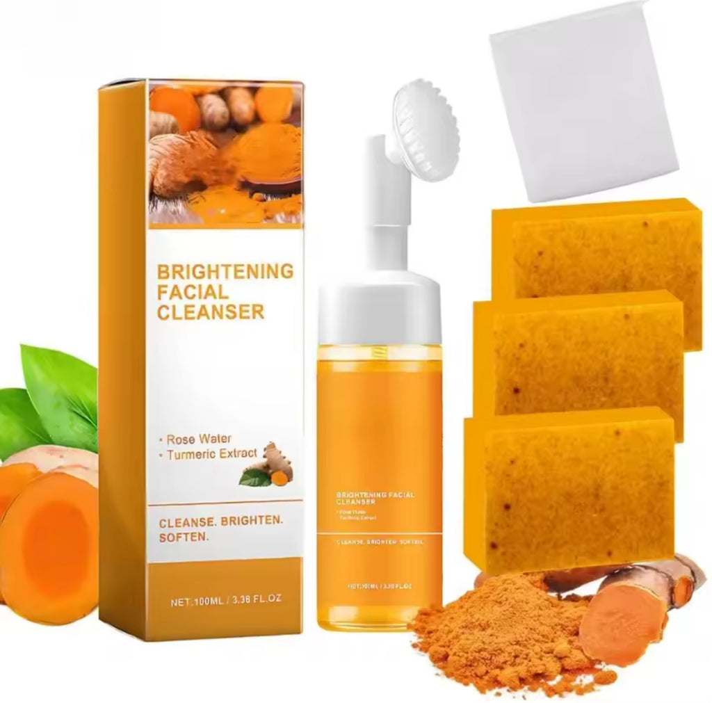 Turmeric Cleanser and Soap Set – Kojic Acid Blackhead Remover Deep Cleansing Oil Control Fade Acne Marks Brighten Skin Glow Duo
