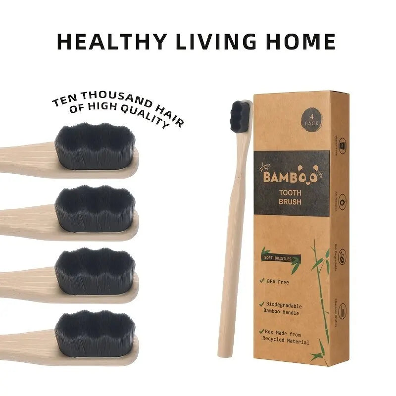 Bamboo Toothbrush Set 4-Pack – Charcoal Bristles Sustainable Oral Care Zero Waste