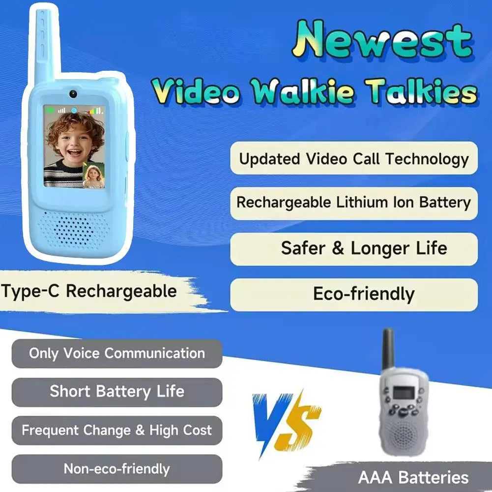 Mini Video Walkie Talkie for Kids – 2.0" Screen, Voice Changer, Rechargeable Intercom Blue/Pink 2025