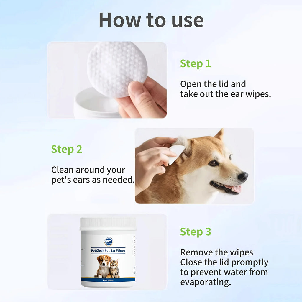 Pet Ear Cleaner Wipes for Dogs & Cats – Soft Finger Otic Cleaning Pads with Soothing Formula 200 Count