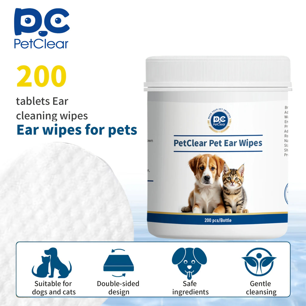 Pet Ear Cleaner Wipes for Dogs & Cats – Soft Finger Otic Cleaning Pads with Soothing Formula 200 Count