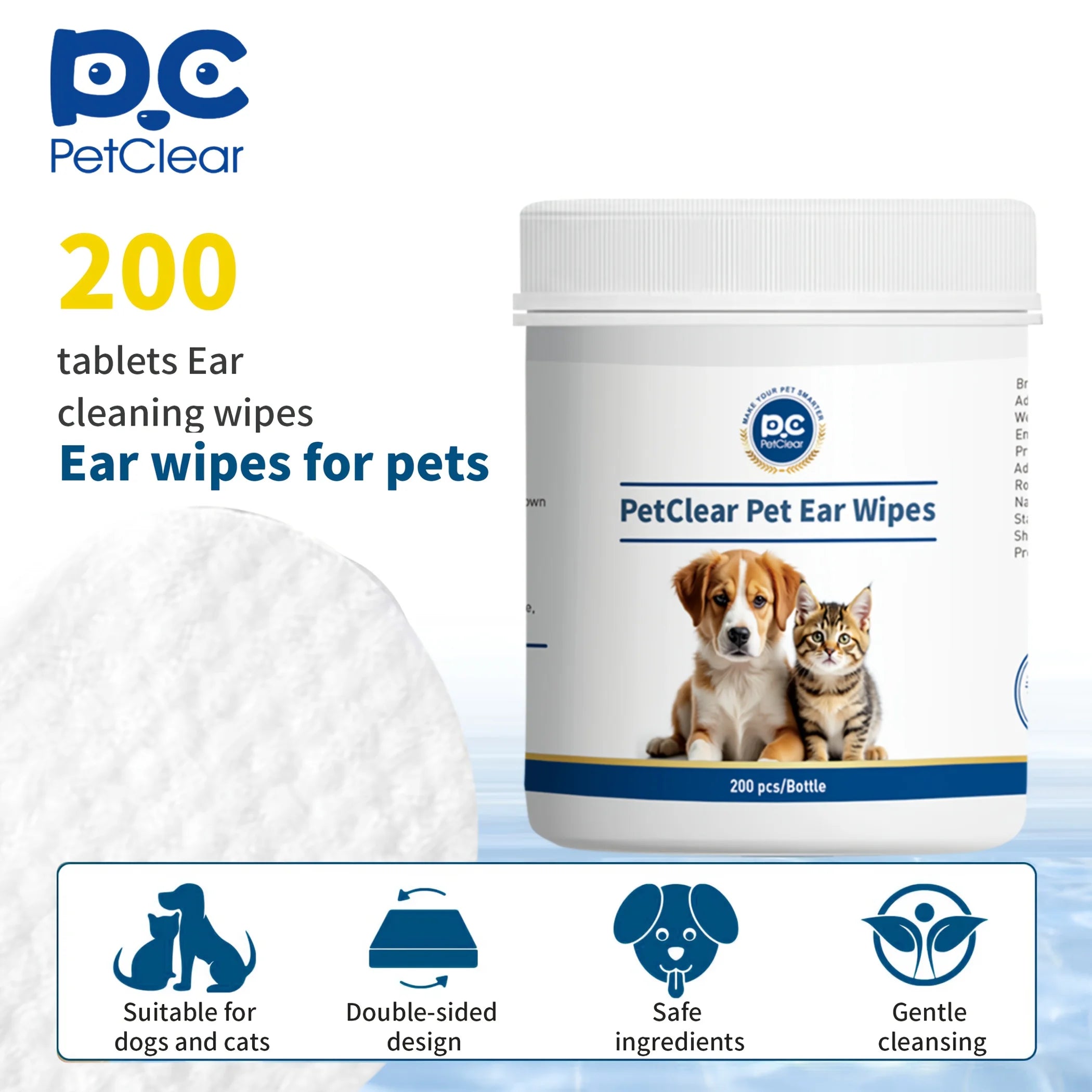 Pet Ear Cleaner Wipes for Dogs & Cats – Soft Finger Otic Cleaning Pads with Soothing Formula 200 Count