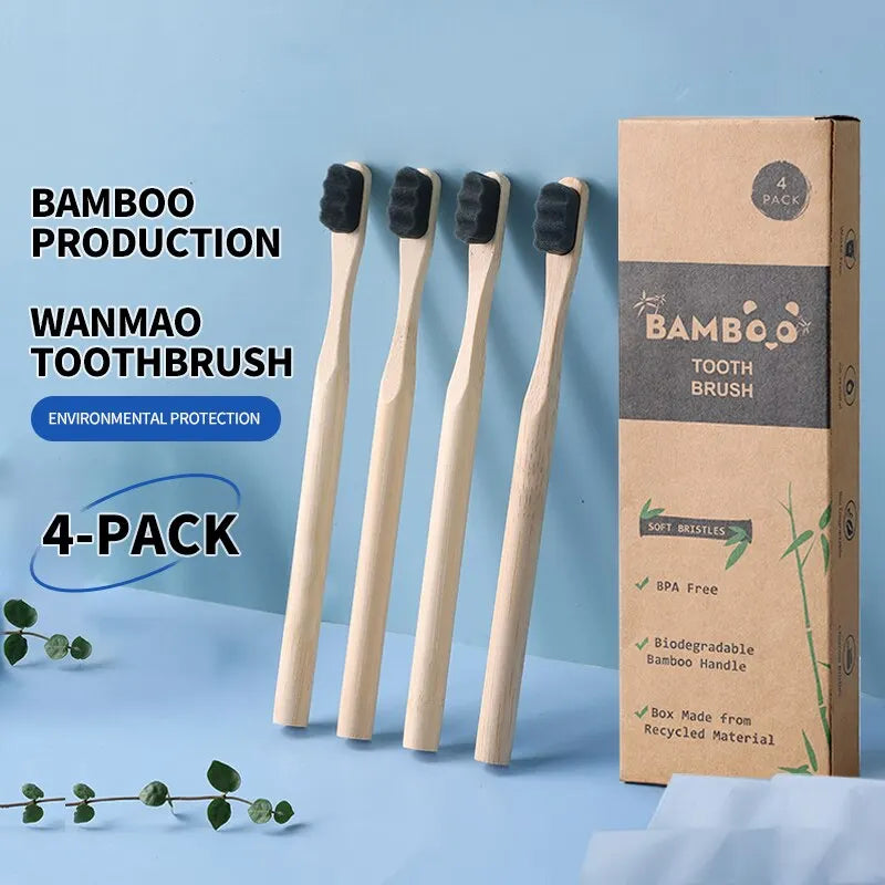 Bamboo Toothbrush Set 4-Pack – Charcoal Bristles Sustainable Oral Care Zero Waste