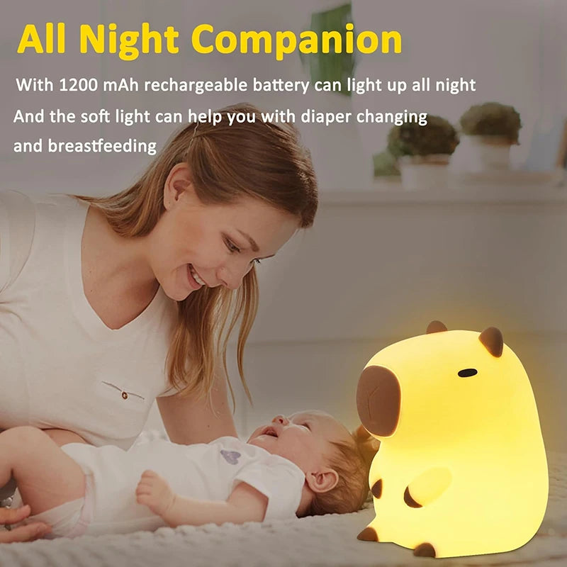 Cute Capybara Night Light – USB Rechargeable Silicone Touch Lamp