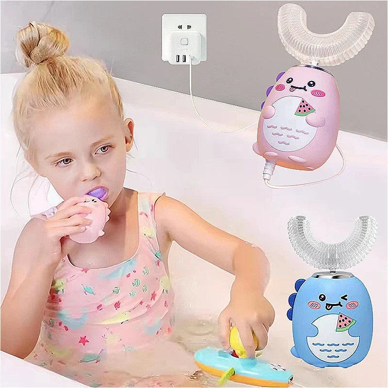 U-Shaped Electric Toothbrush for Kids – 360° Cartoon Silicone Automatic Rechargeable Sonic Children Toothbrush Ages , Smart Gentle Clean