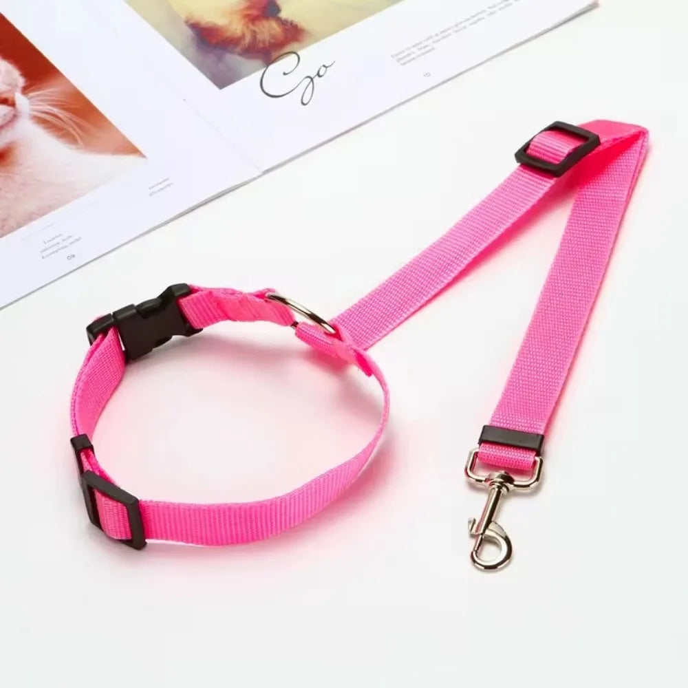2-in-1 Pet Car Seat Belt Leash for Dogs & Cats – Adjustable Nylon Safety Harness Backseat Restraint Collar