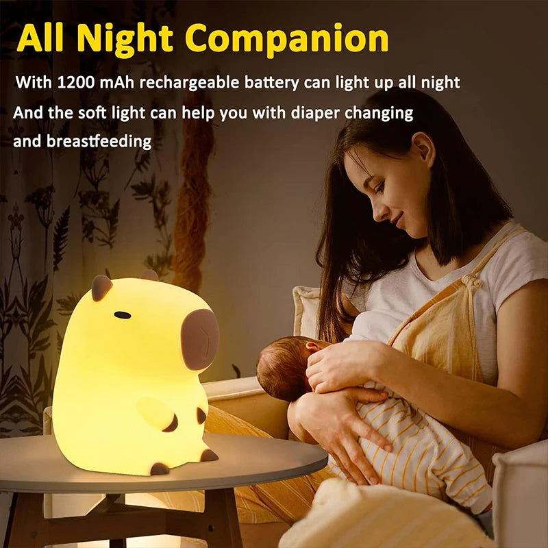 Cute Capybara Night Light – USB Rechargeable Silicone Touch Lamp