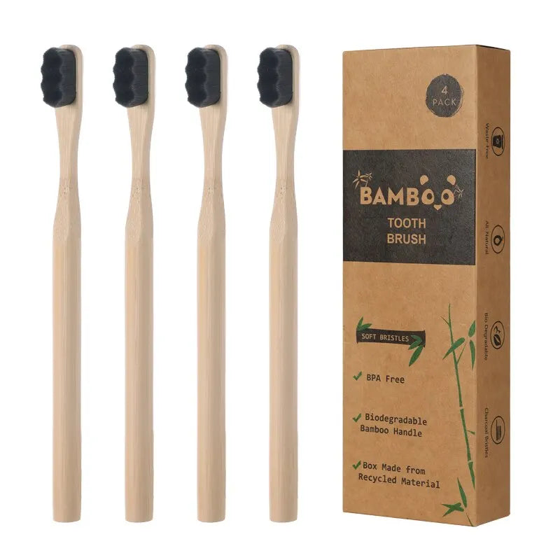 Bamboo Toothbrush Set 4-Pack – Charcoal Bristles Sustainable Oral Care Zero Waste