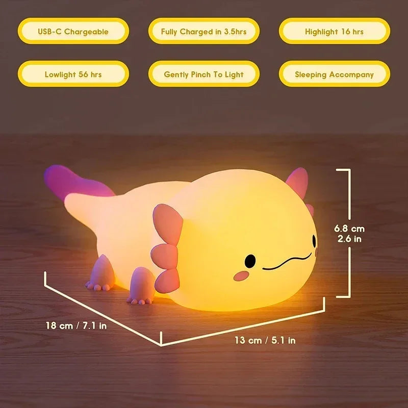 Cute Axolotl Night Light Silicone Touch Lamp – 7 Color USB Rechargeable Kawaii Nursery Lamp 2025